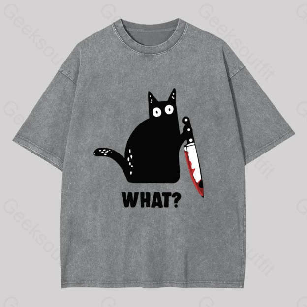 What Cat Funny Washed T-Shirt Grey / S