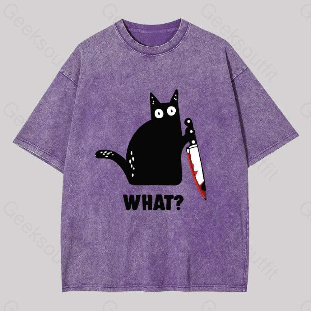 What Cat Funny Washed T-Shirt Purple / S