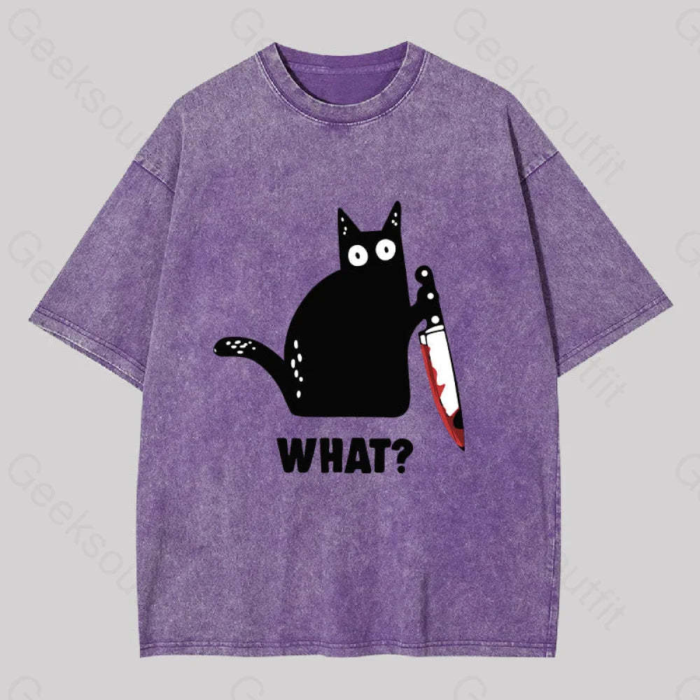 What Cat Funny Washed T-Shirt Purple / S