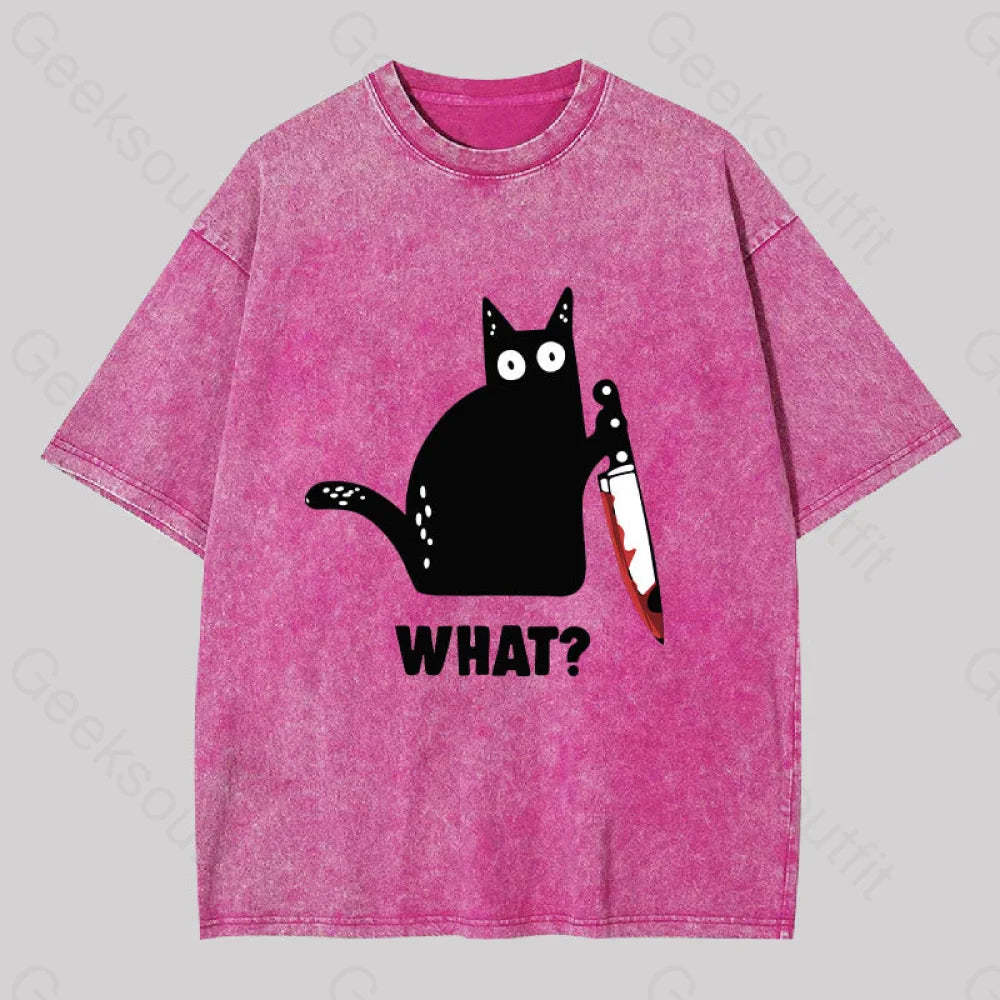What Cat Funny Washed T-Shirt Rose Red / S