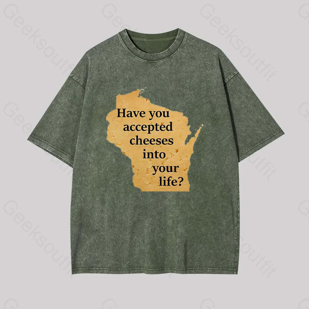 Wisconsin Cheese Pun Geek Washed T-Shirt Armygreen / S