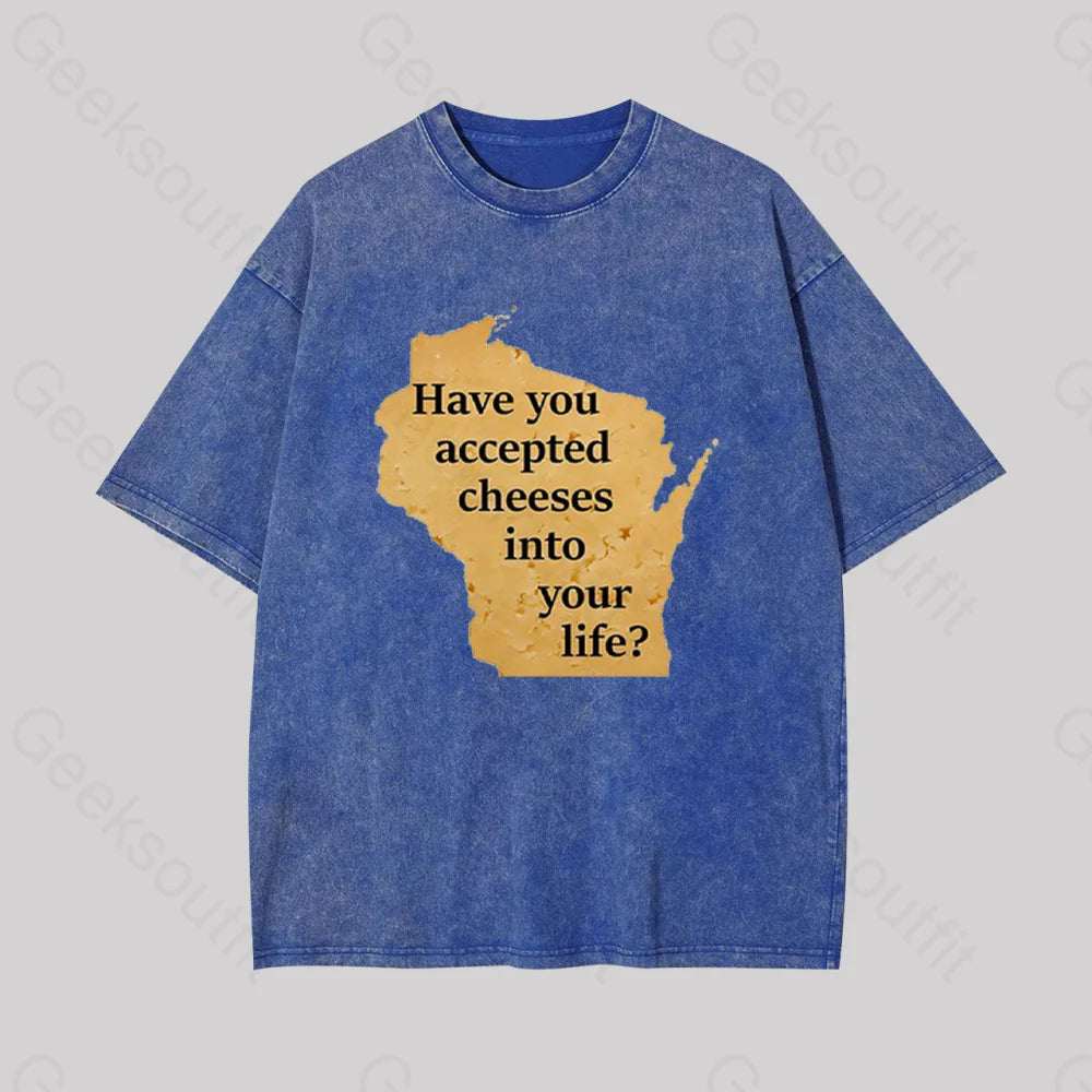 Wisconsin Cheese Pun Geek Washed T-Shirt Blue / S
