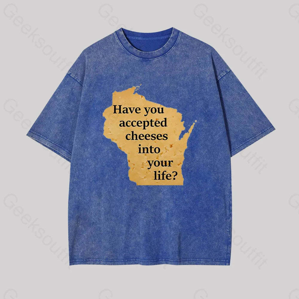 Wisconsin Cheese Pun Geek Washed T-Shirt Blue / S