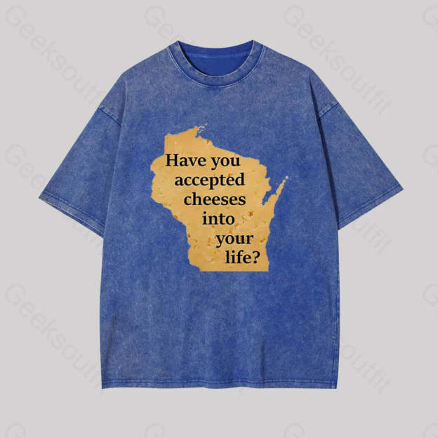 Wisconsin Cheese Pun Geek Washed T-Shirt Blue / S