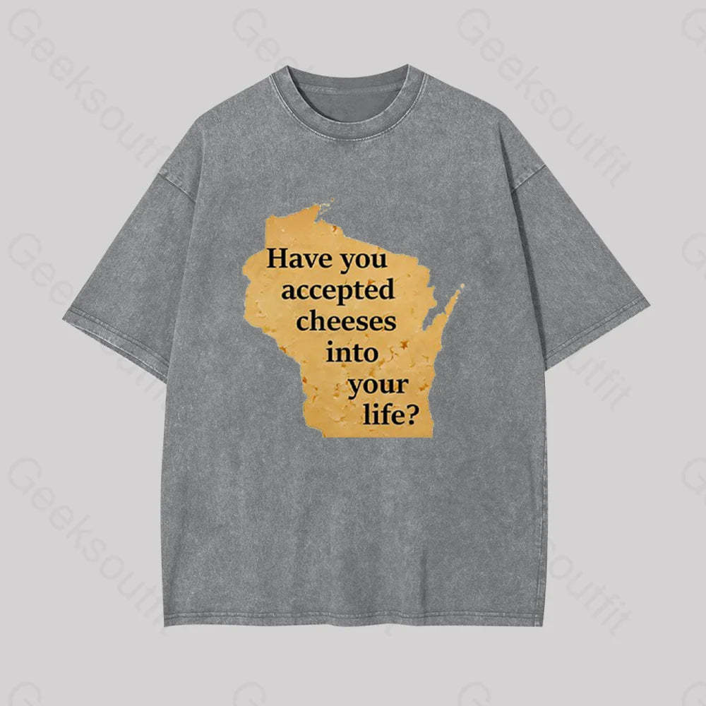 Wisconsin Cheese Pun Geek Washed T-Shirt Grey / S