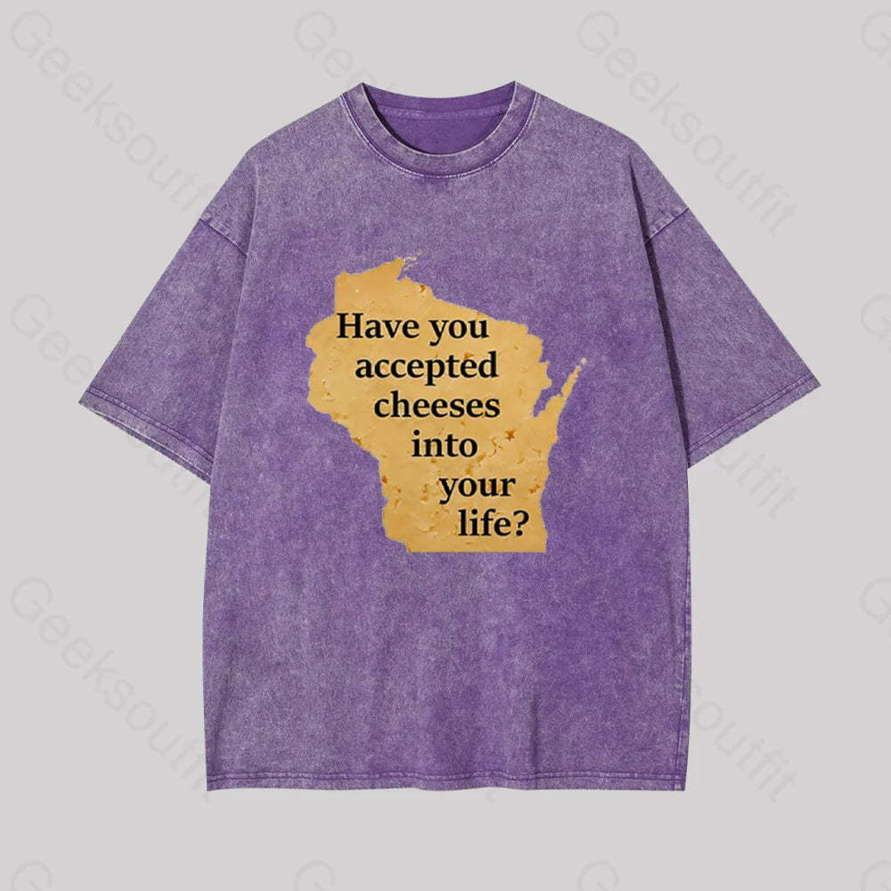 Wisconsin Cheese Pun Geek Washed T-Shirt Purple / S