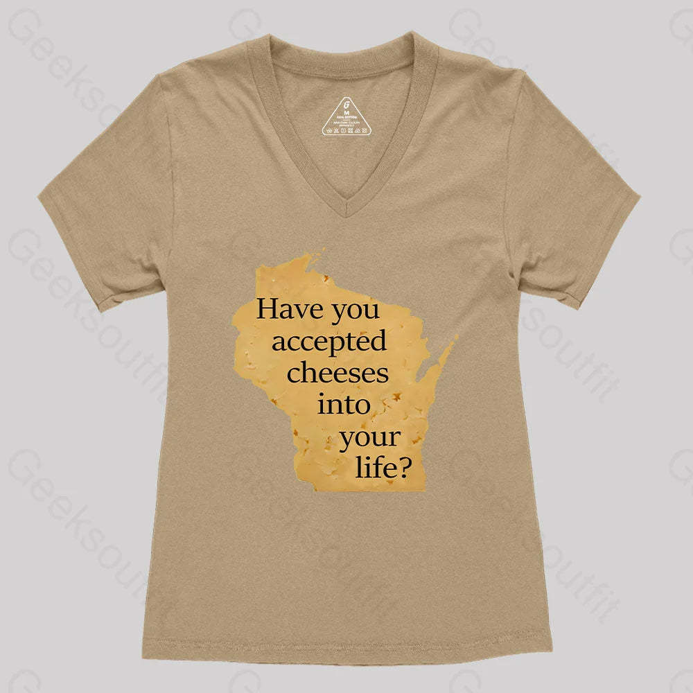 Wisconsin Cheese Pun Women’s V-Neck T-Shirt Khaki / S