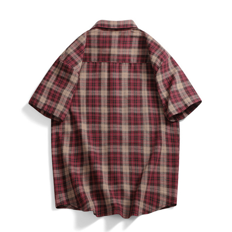 Men's Summer Loose Burgundy Plaid Short-Sleeved Shirt