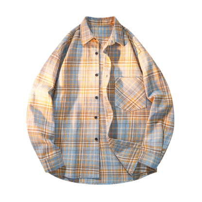 Men's Long Sleeve Mixed Color Plaid Japanese Style Shirt