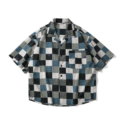 Japanese Retro Mixed Color Checkered Pattern Lazy Style Men's Shirt