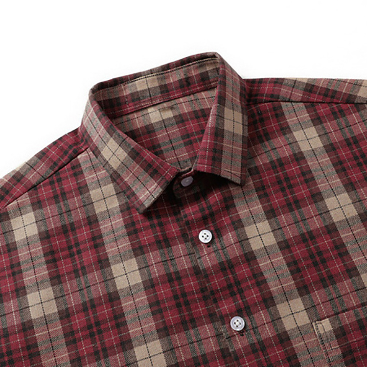 Men's Summer Loose Burgundy Plaid Short-Sleeved Shirt