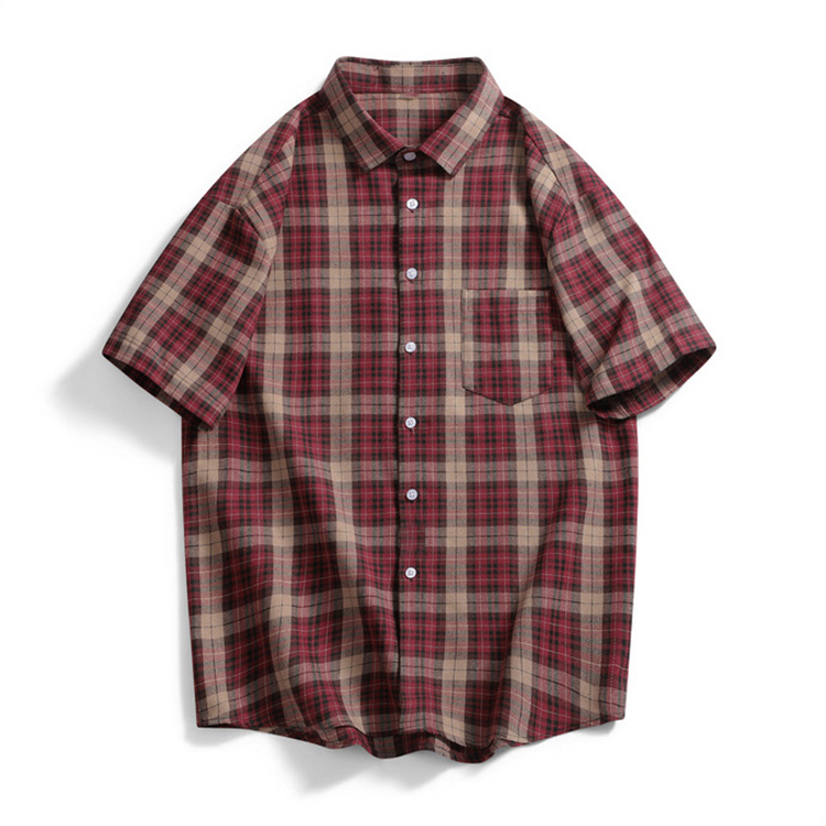Men's Summer Loose Burgundy Plaid Short-Sleeved Shirt