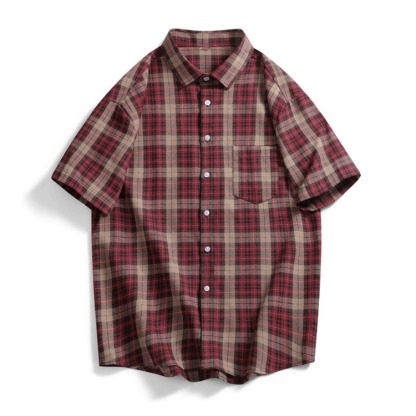 Men's Summer Loose Burgundy Plaid Short-Sleeved Shirt