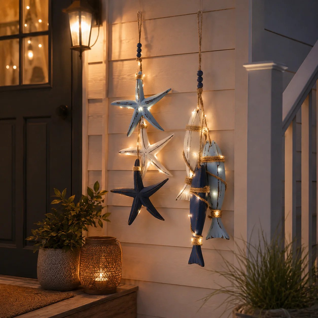 ⭐Last Day 60% OFF 🐟🌊Lighted Coastal Wooden Starfish & Fish Hanging Decor