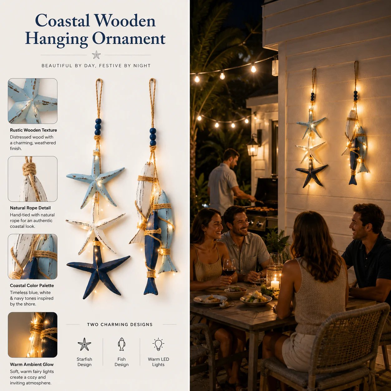 ⭐Last Day 60% OFF 🐟🌊Lighted Coastal Wooden Starfish & Fish Hanging Decor