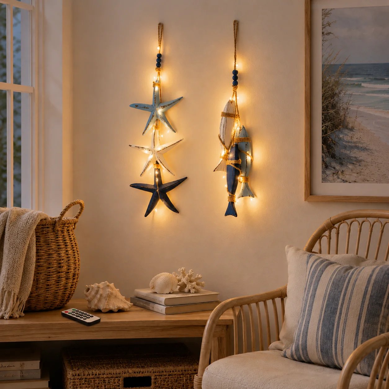 ⭐Last Day 60% OFF 🐟🌊Lighted Coastal Wooden Starfish & Fish Hanging Decor