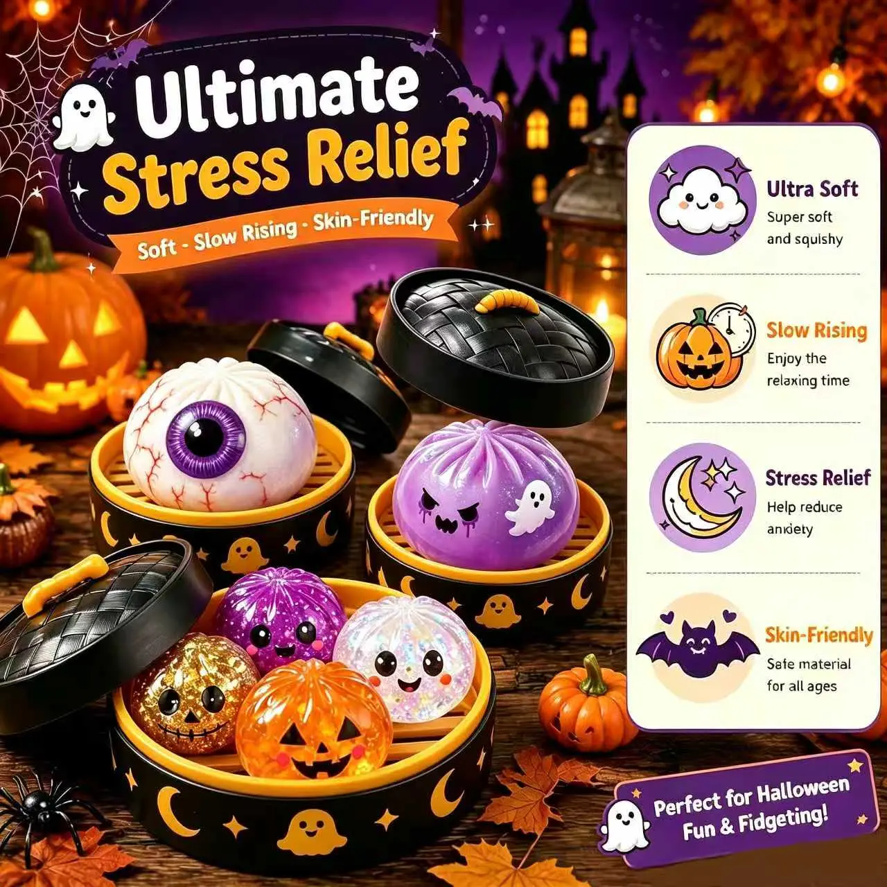 Cute Halloween scary ghost Maruko squeeze toy set, portable stress-relief hand squeeze toys, perfect Halloween party treat bag fillers and holiday gifts