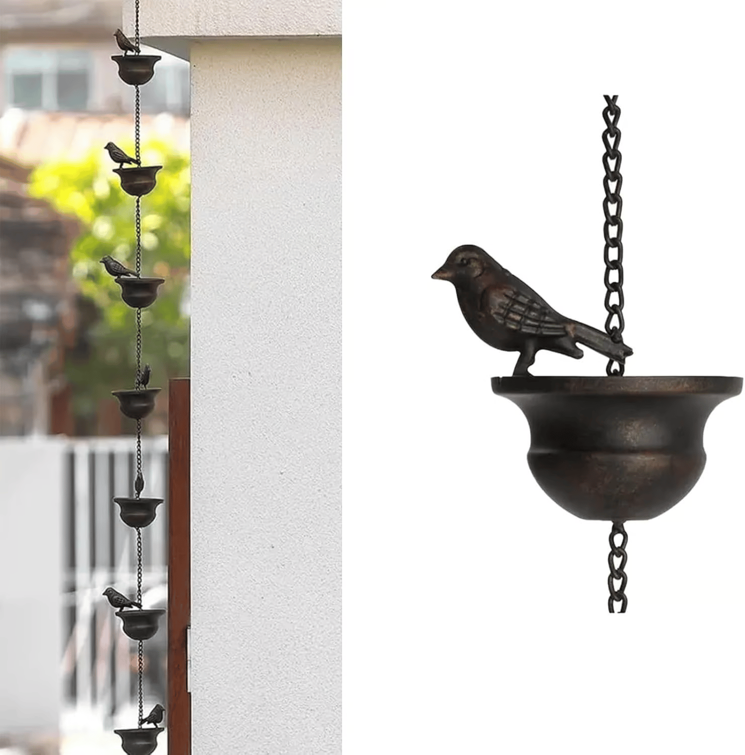 Where Rain Meets Art – Decorative Rain Chain with Bird Bath Design