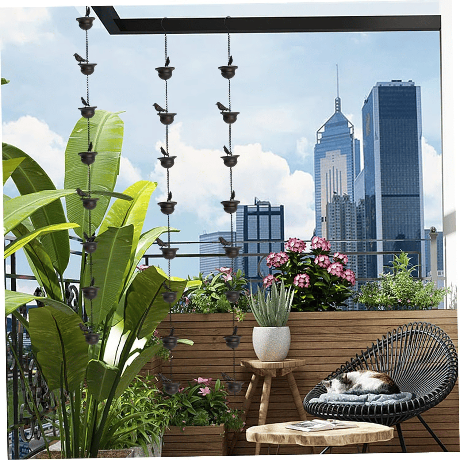 Where Rain Meets Art – Decorative Rain Chain with Bird Bath Design