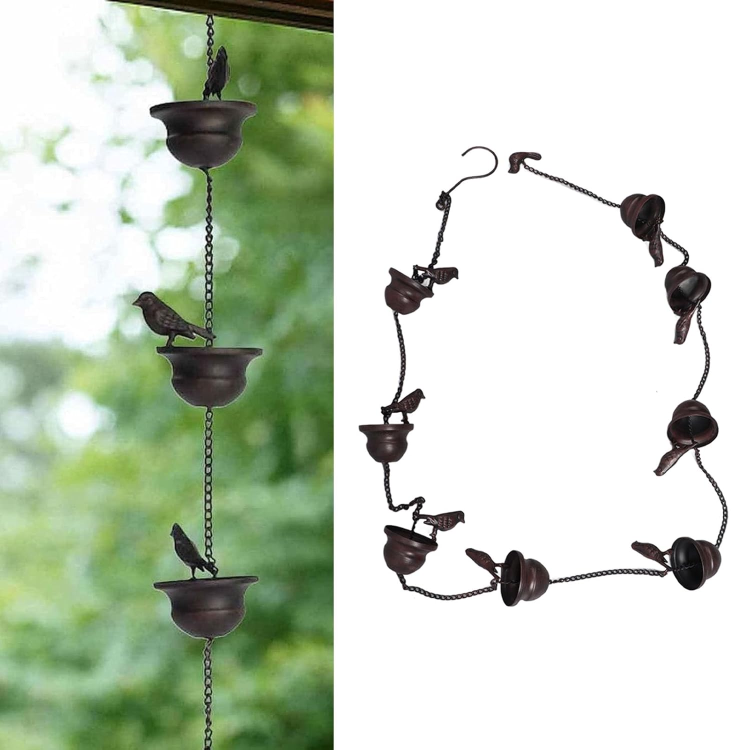 Where Rain Meets Art – Decorative Rain Chain with Bird Bath Design