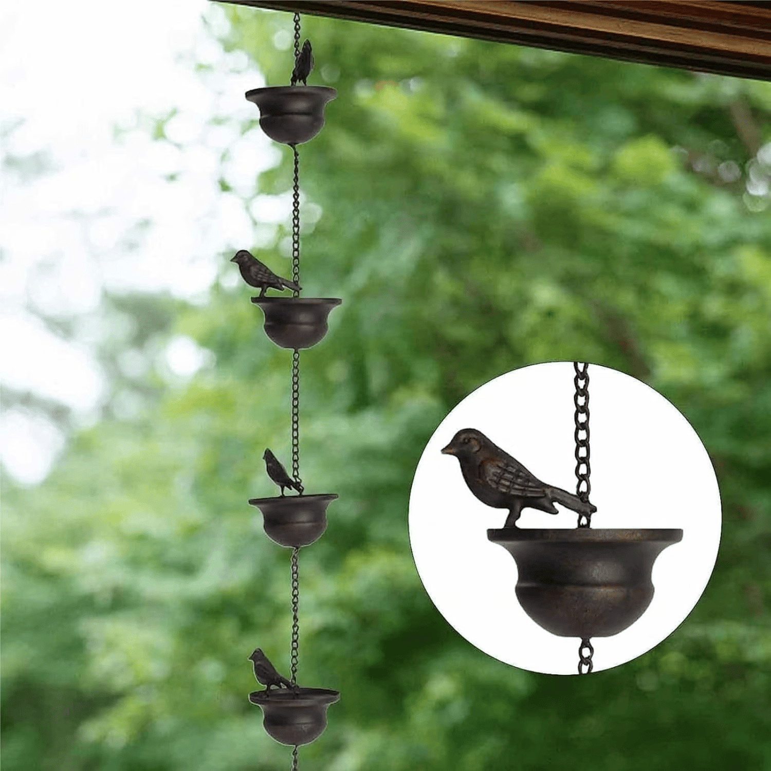 Where Rain Meets Art – Decorative Rain Chain with Bird Bath Design