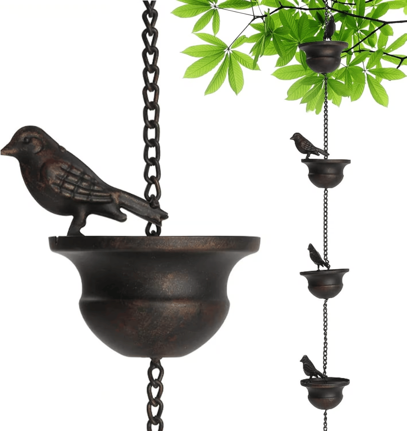 Where Rain Meets Art – Decorative Rain Chain with Bird Bath Design