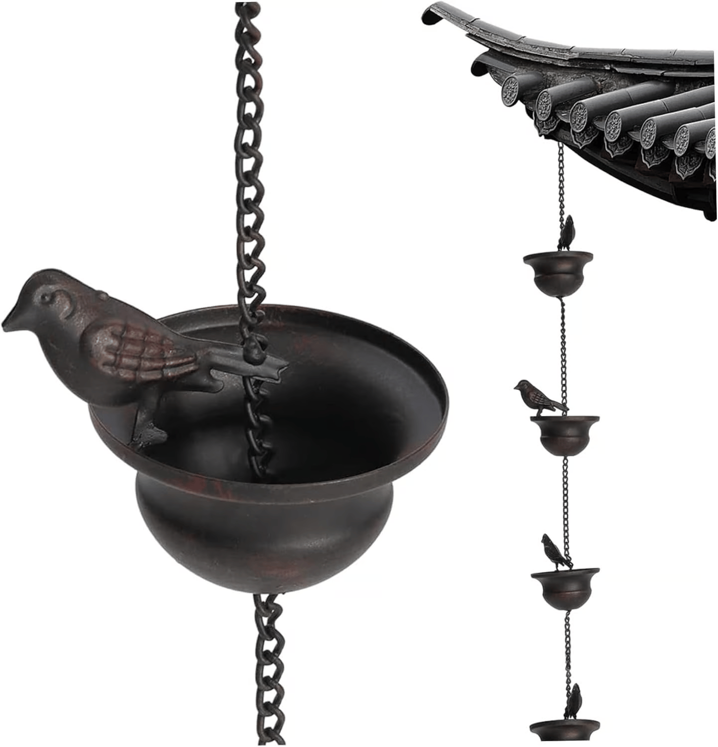 Where Rain Meets Art – Decorative Rain Chain with Bird Bath Design