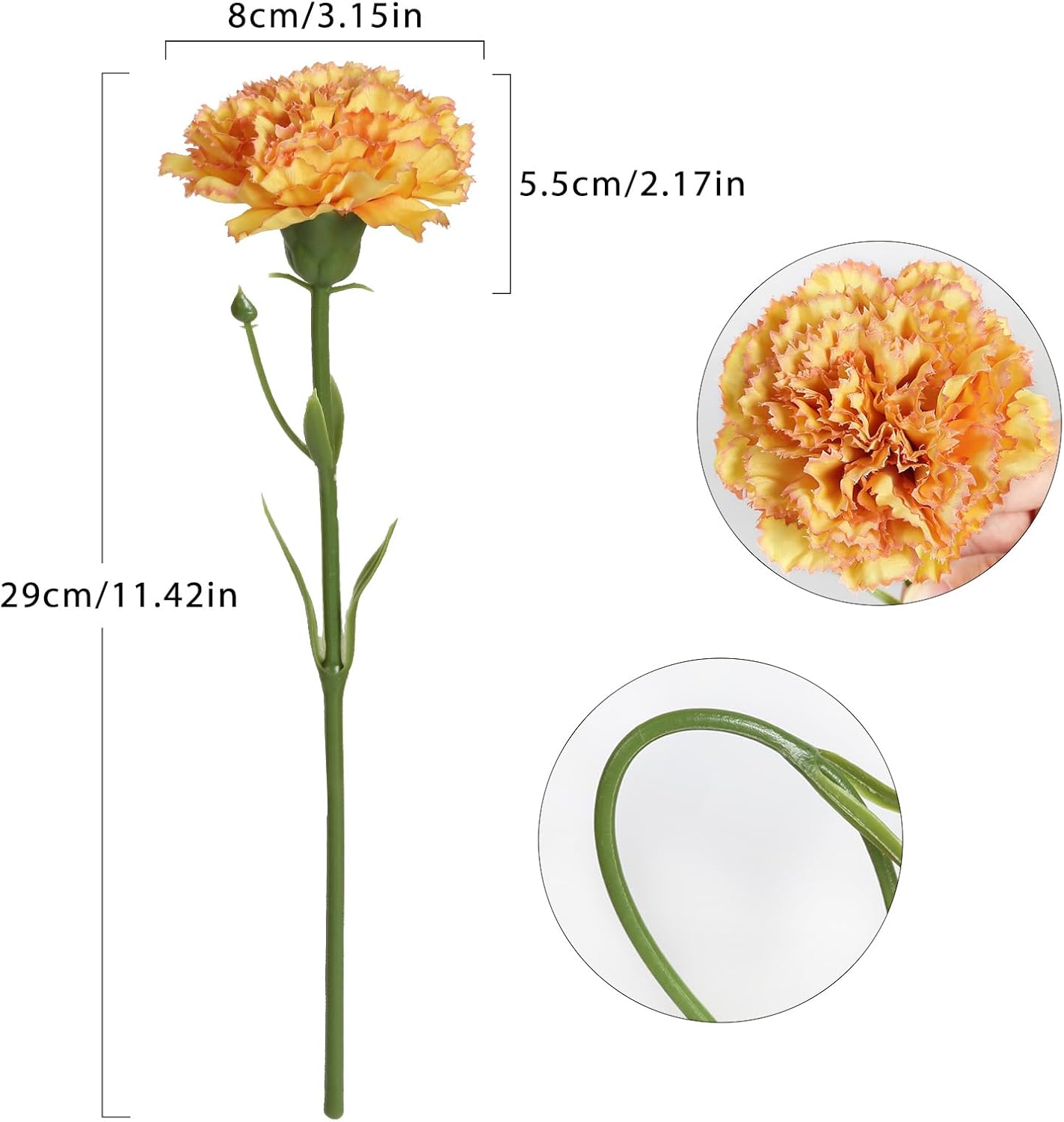 Artificial Carnation Silk Flowers - 15pcs Fake Orange Carnations with Stems for Home Decor, Wedding, Bridal Bouquet, Anniversary, Birthday and Floral Arrangements