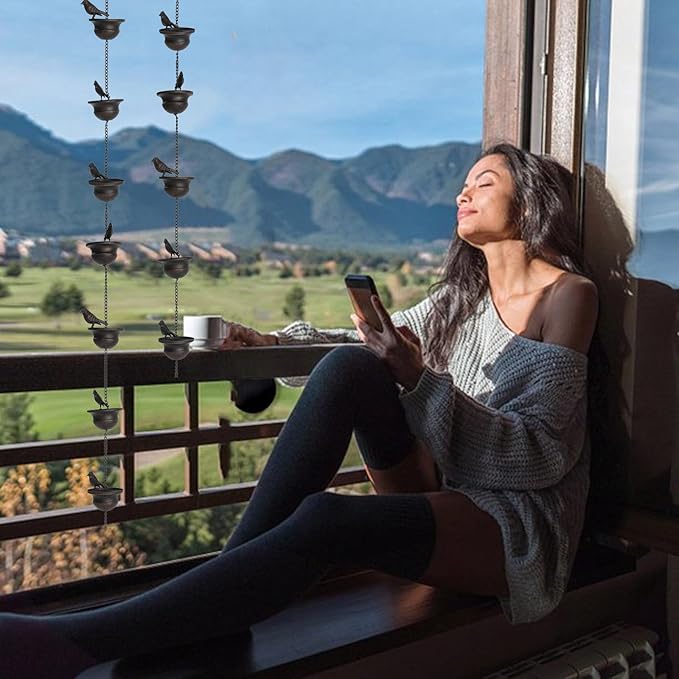 Where Rain Meets Art – Decorative Rain Chain with Bird Bath Design