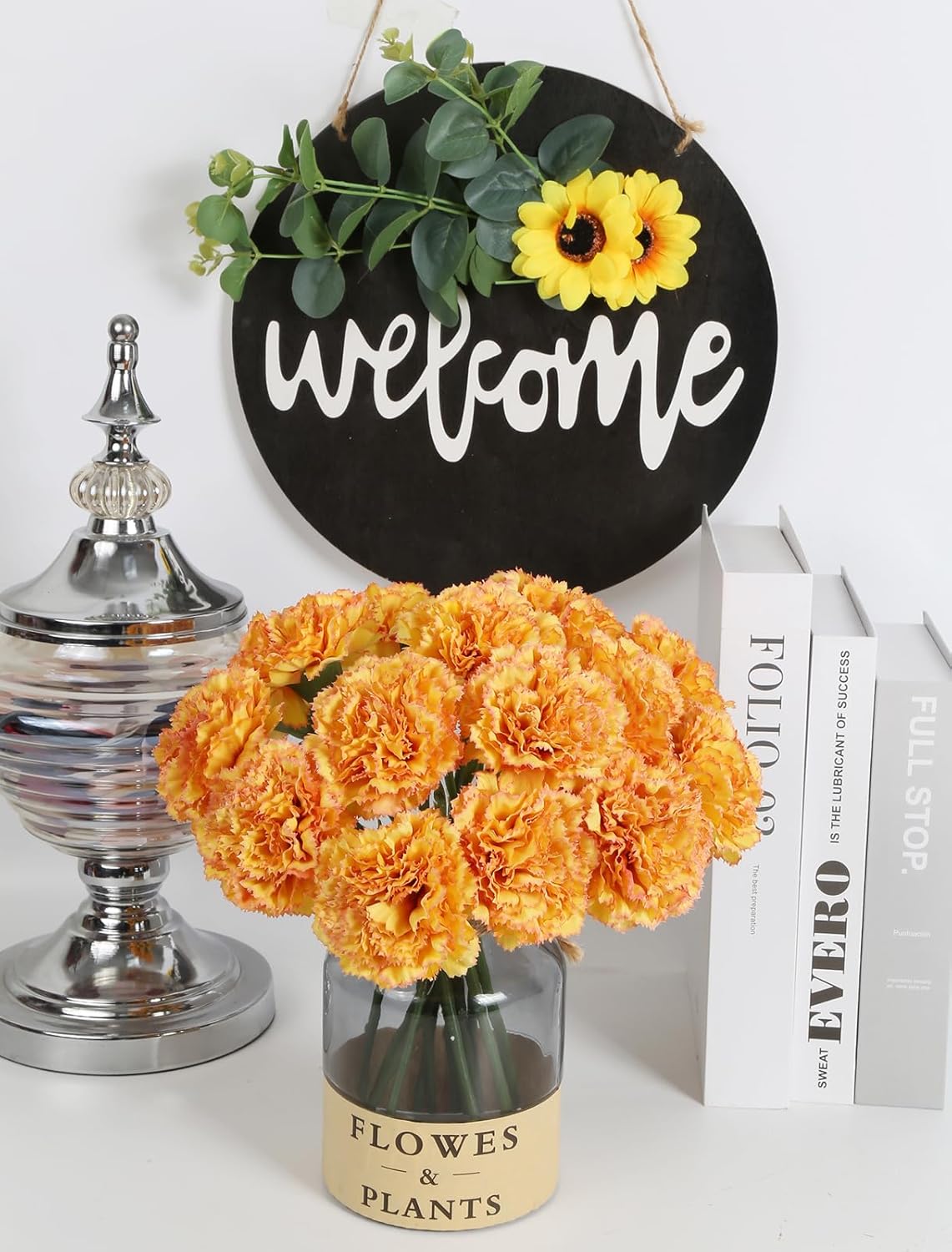 Artificial Carnation Silk Flowers - 15pcs Fake Orange Carnations with Stems for Home Decor, Wedding, Bridal Bouquet, Anniversary, Birthday and Floral Arrangements