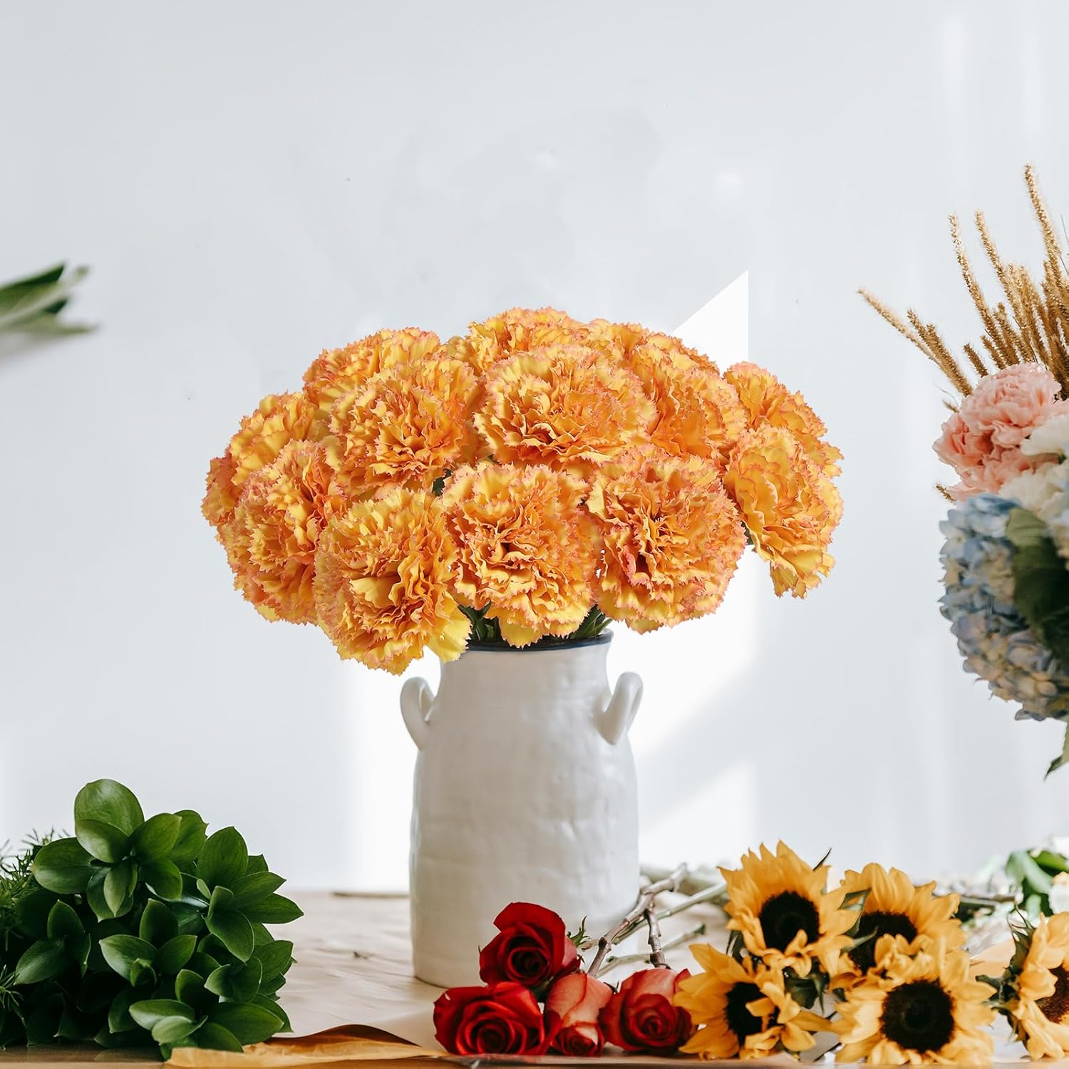 Artificial Carnation Silk Flowers - 15pcs Fake Orange Carnations with Stems for Home Decor, Wedding, Bridal Bouquet, Anniversary, Birthday and Floral Arrangements