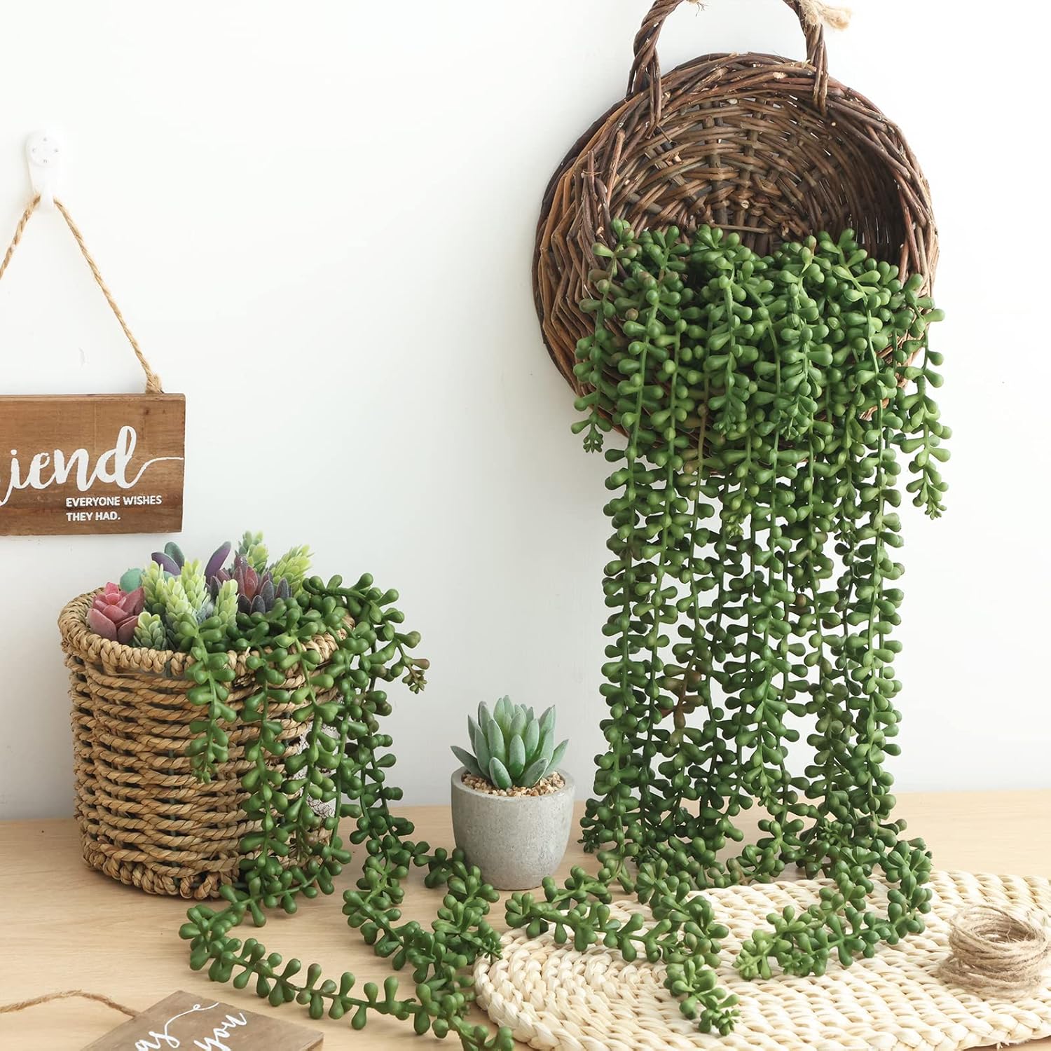 Fake Hanging Plants, String of Pearls Artificial Hanging Succulents Greenery Wall Backdrop Decor, Artificial Plants Indoor for Home Garden Outdoor Decoration