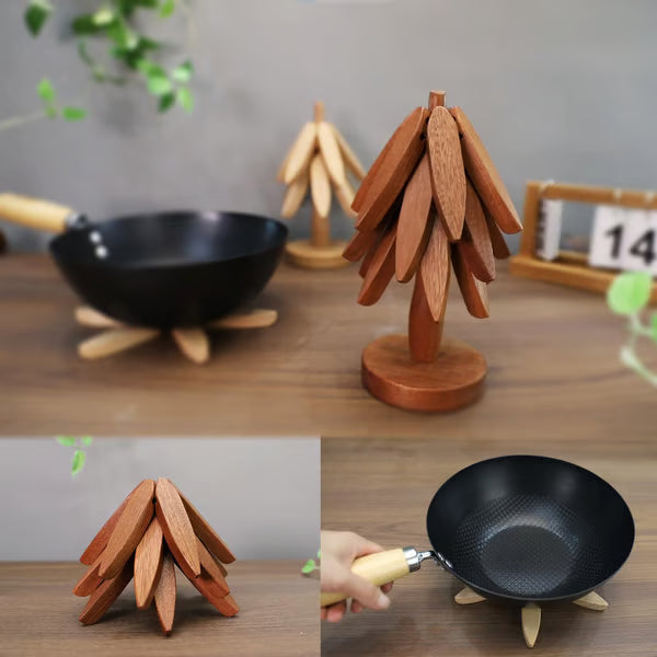 🔥Christmas Early Discount 49% Off✨Natural Tree Trivet Set - 4 Wooden Trivets & 1 Stand Like a Christmas Tree
