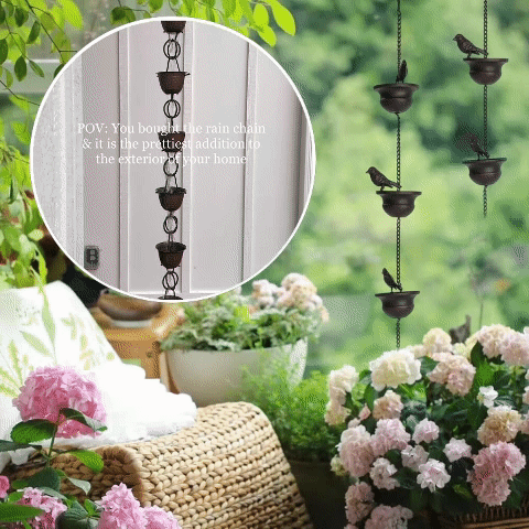 Where Rain Meets Art – Decorative Rain Chain with Bird Bath Design