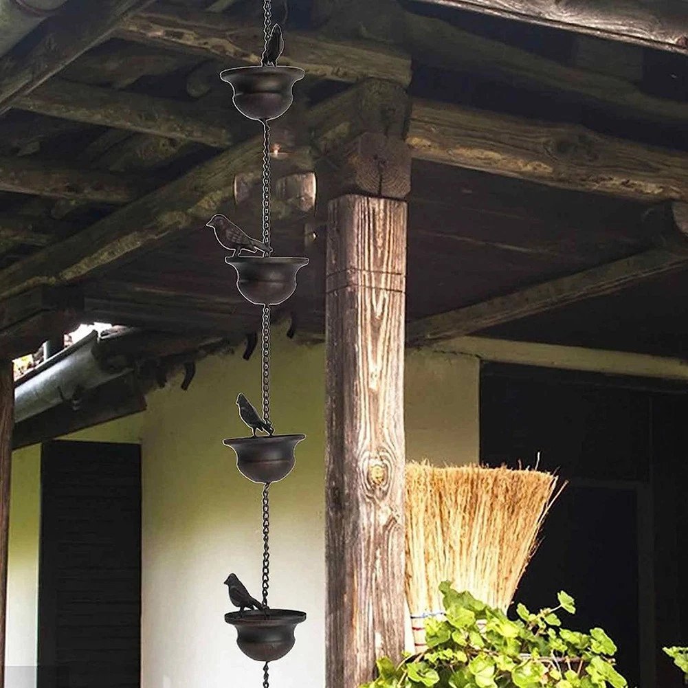 Where Rain Meets Art – Decorative Rain Chain with Bird Bath Design