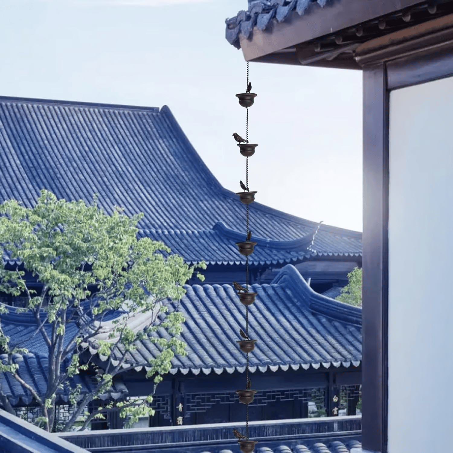 Where Rain Meets Art – Decorative Rain Chain with Bird Bath Design