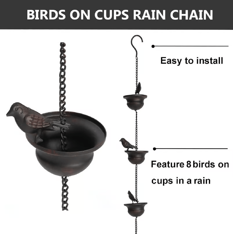 Where Rain Meets Art – Decorative Rain Chain with Bird Bath Design