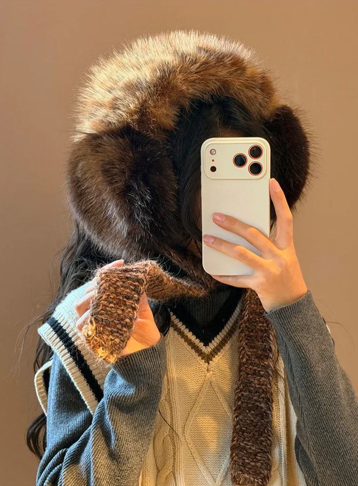 🐆 Leopard Print Faux Fur Knit Ear Muffs with Pom-Pom