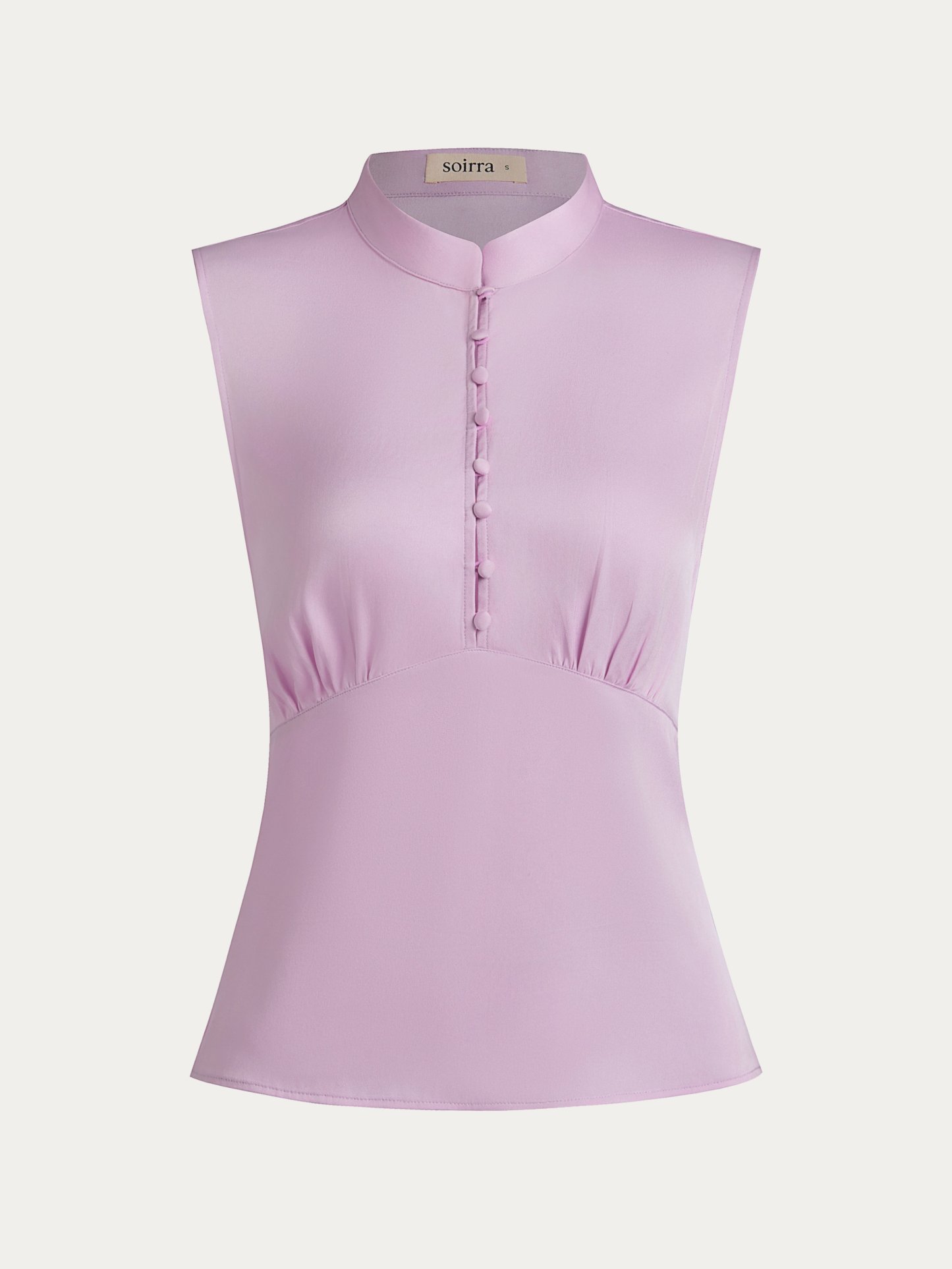 Purple Wrinkle-Resistant Silk Mock-Neck Blouse with Button Detail