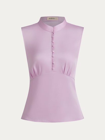 Purple Wrinkle-Resistant Silk Mock-Neck Blouse with Button Detail