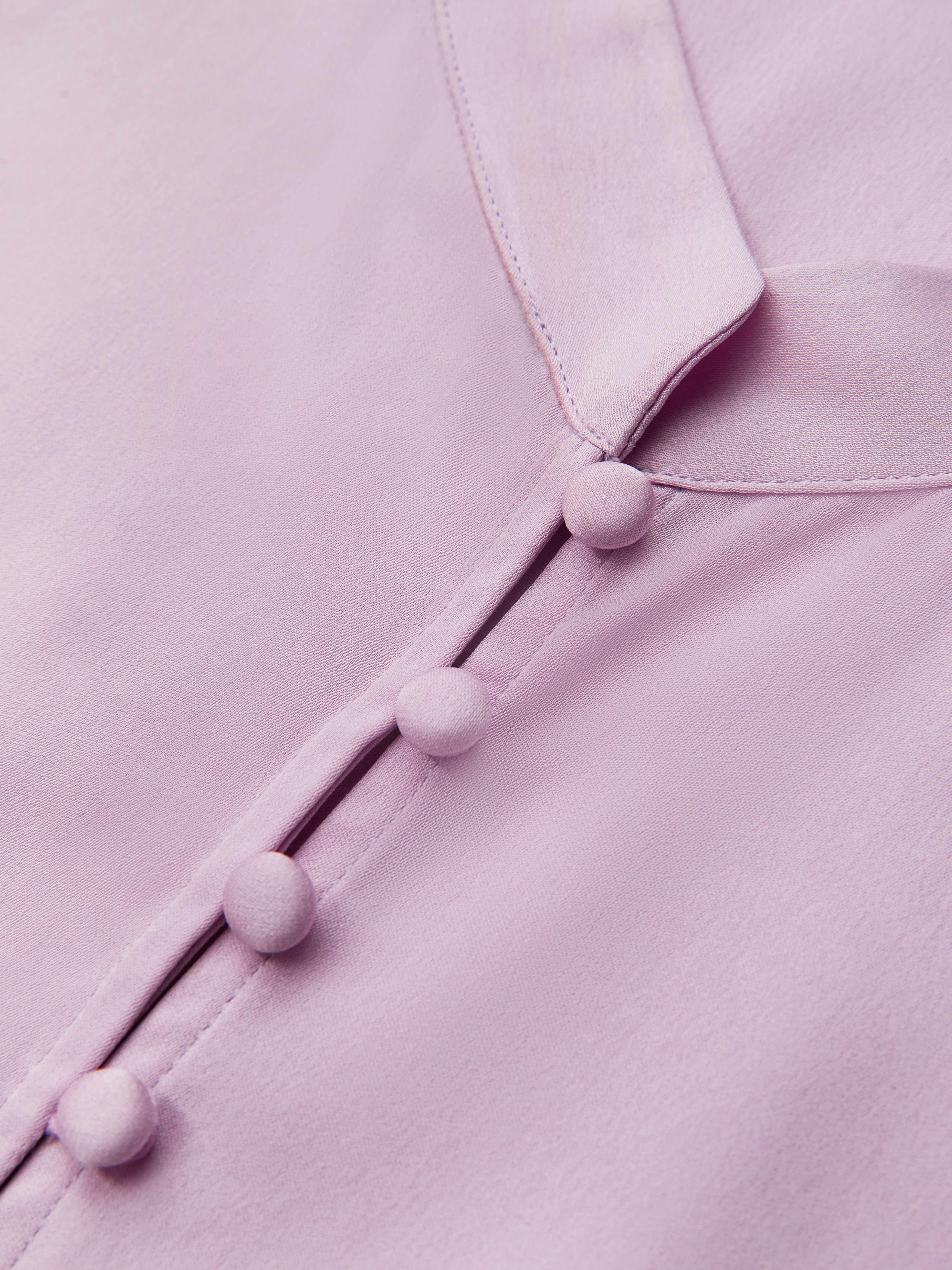 Purple Wrinkle-Resistant Silk Mock-Neck Blouse with Button Detail