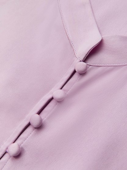 Purple Wrinkle-Resistant Silk Mock-Neck Blouse with Button Detail
