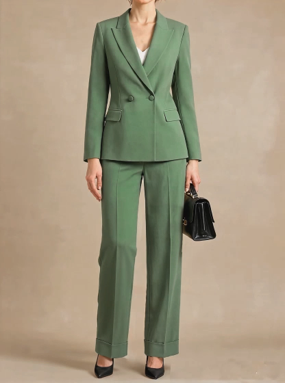 Green Wrinkle-Resistant Plain Lapel Collar Commuting Blazer