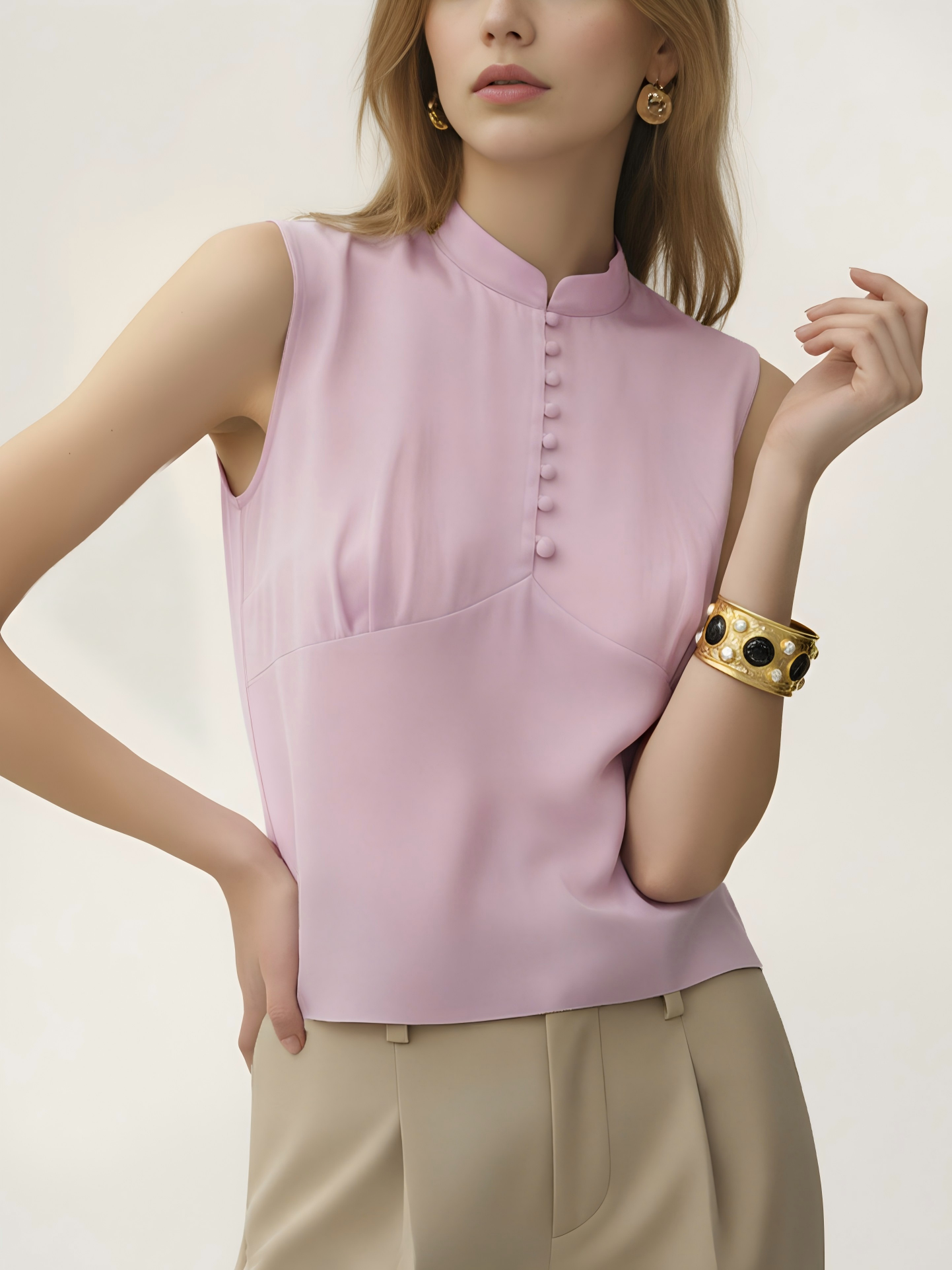 Purple Wrinkle-Resistant Silk Mock-Neck Blouse with Button Detail