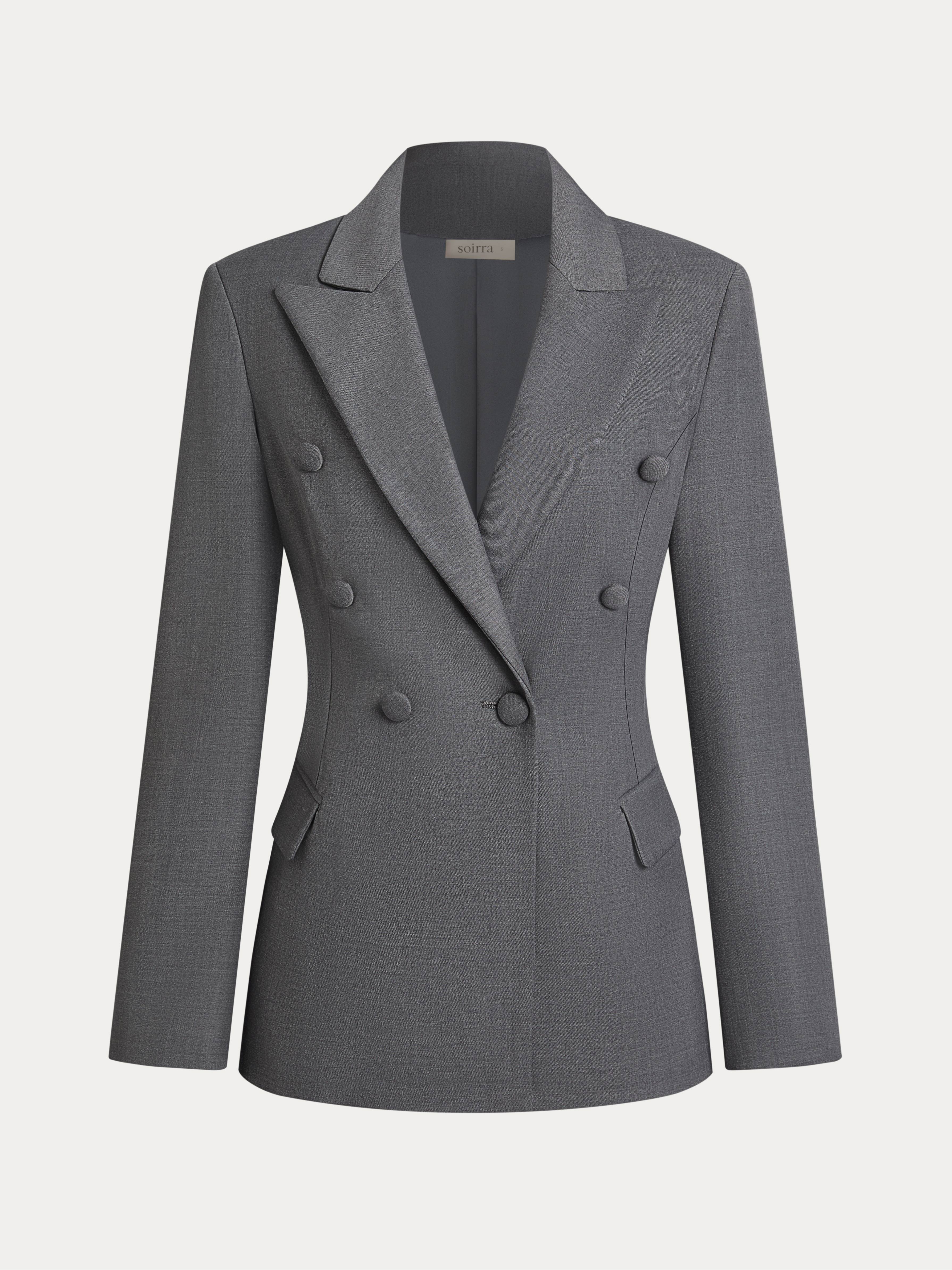 Gray Wrinkle-Resistant  Wool Lapel Collar Blazer, Machine-Washable