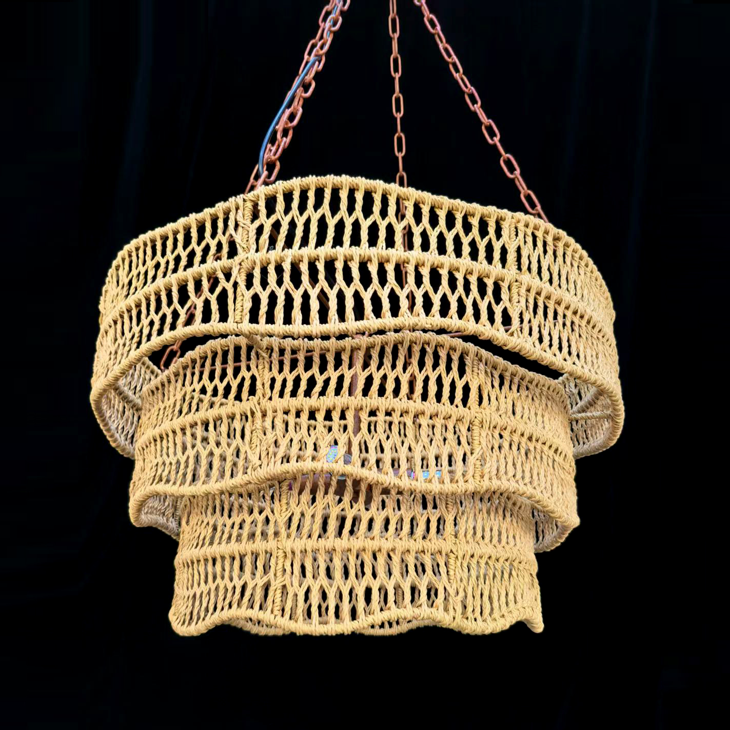 Rustic Woven Rattan Triple-Tier Chandelier