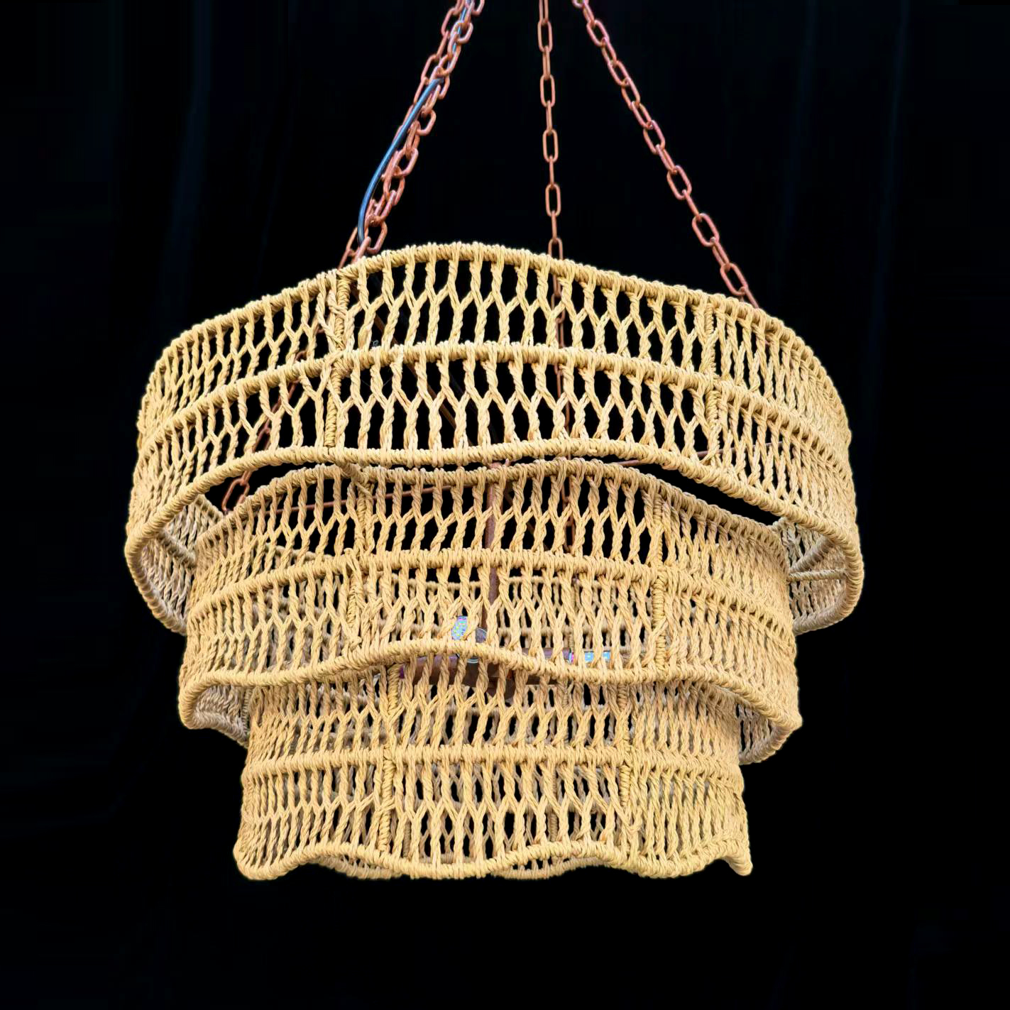 Rustic Woven Rattan Triple-Tier Chandelier