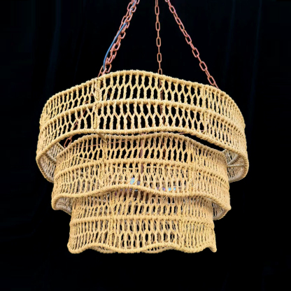 Rustic Woven Rattan Triple-Tier Chandelier