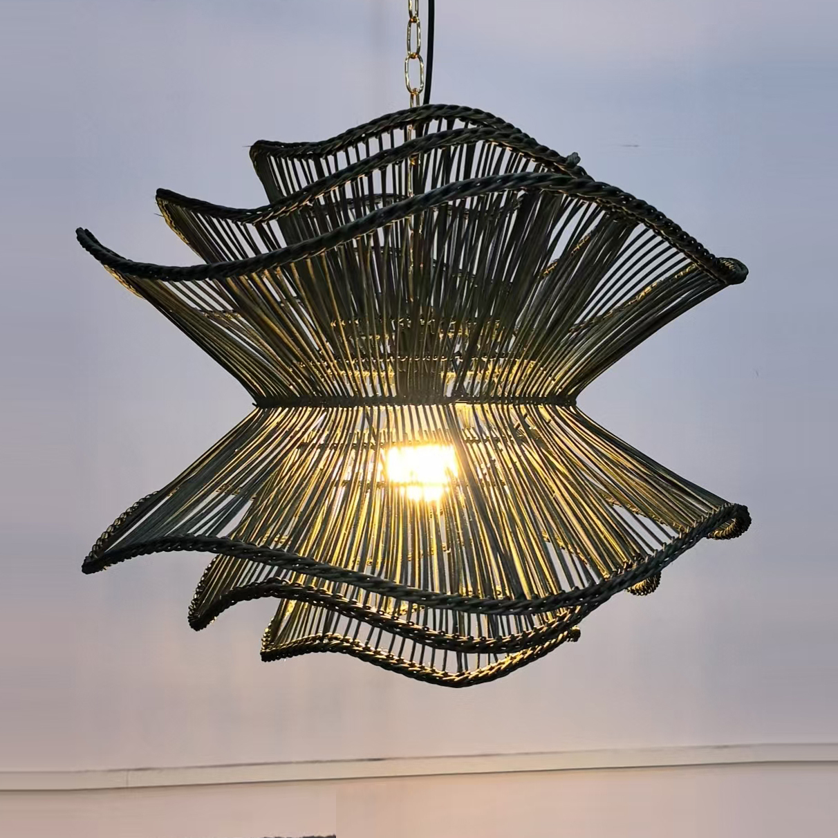 Hunter Green Rattan Basket-Shaped Chandelier