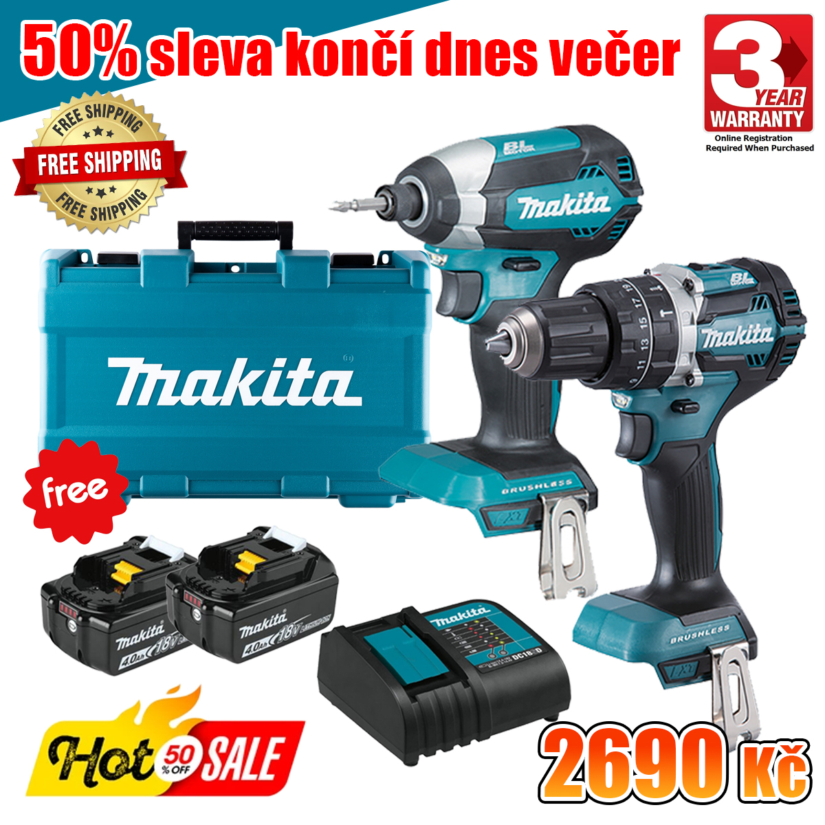 🚚 Posledních 500 kusů!Sada akumulátorového nářadí Makita XT269M 18V za akční cenu pouze 2690 CZK!